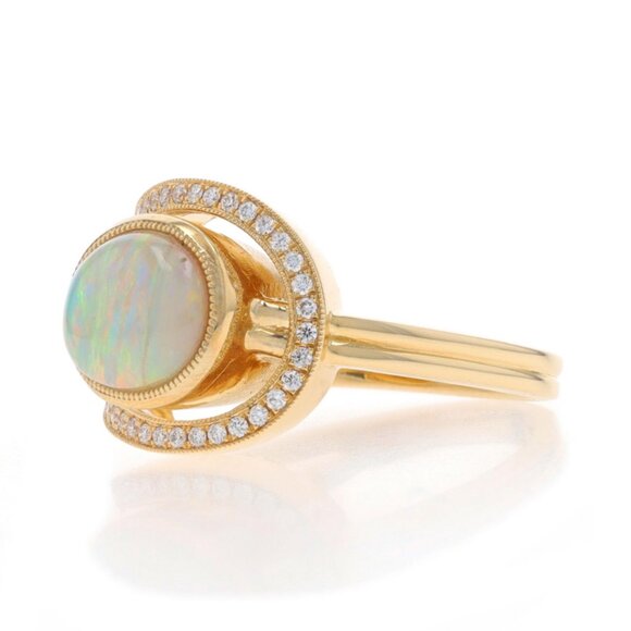 Yellow Gold Opal Diamond Loop Ring - 14k Oval Cabochon 2.09ctw Milgrain - Picture 3 of 6